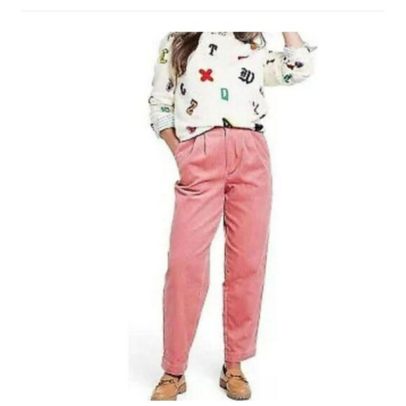 495 Women’s Pink High-Rise Tapered Leg Corduroy Trouser Pants - Picture 1 of 2